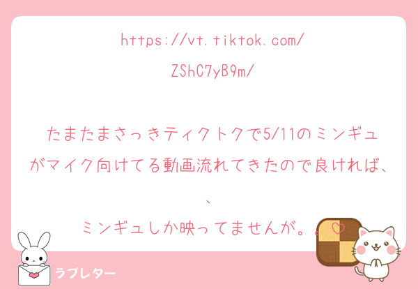 https://vt.tiktok.com/ZShC7yB9m/

たまたまさっきティクトクで5/11のミンギュがマイク向けてる動画流れてきたので良ければ、、
ミンギュしか映ってませんが。。