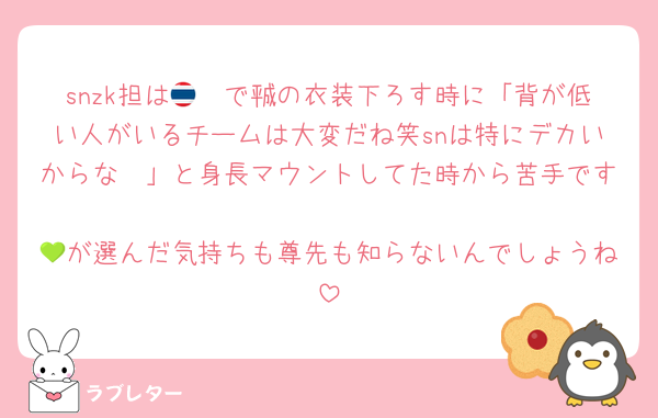snzk担は🇹🇭で㍻の衣装下ろす時に「背が低い人がいるチームは大変だね笑snは特にデカいからな〜」と身長マウントしてた時から苦手です
💚が選んだ気持ちも尊先も知らないんでしょうね