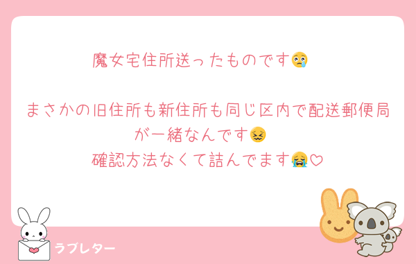 魔女宅住所送ったものです😢

まさかの旧住所も新住所も同じ区内で配送郵便局が一緒なんです😖
確認方法なくて詰んでます😭