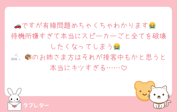 🚗ですが有線問題めちゃくちゃわかります😭
待機所嫌すぎて本当にスピーカーごと全てを破壊したくなってしまう😭
🛁、📦のお姉さま方はそれが接客中もかと思うと本当にキツすぎる……