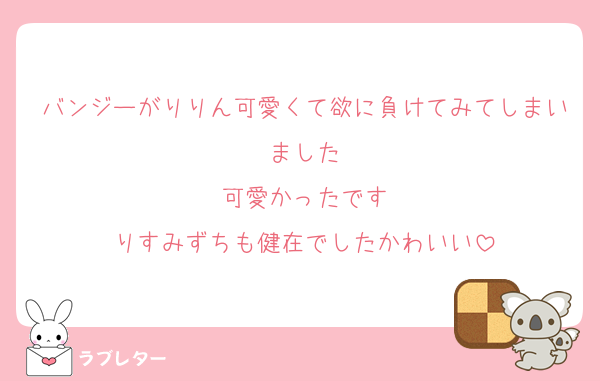 バンジーがりりん可愛くて欲に負けてみてしまいました
可愛かったです
りすみずちも健在でしたかわいい