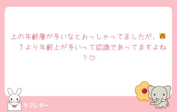 上の年齢層が多いなとおっしゃってましたが、🐯🤍↑より年齢上が多いって認識であってますよね？