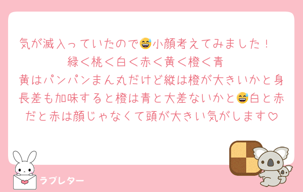 気が滅入っていたので😅小顔考えてみました！
緑＜桃＜白＜赤＜黄＜橙＜青
黄はパンパンまん丸だけど縦は橙が大きいかと身長差も加味すると橙は青と大差ないかと😅白と赤だと赤は顔じゃなくて頭が大きい気がします