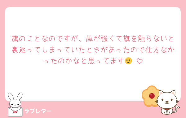 旗のことなのですが、風が強くて旗を触らないと裏返ってしまっていたときがあったので仕方なかったのかなと思ってます🙂‍↕️