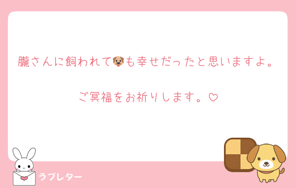 朧さんに飼われて🐶も幸せだったと思いますよ。
ご冥福をお祈りします。