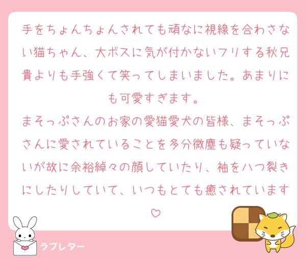 手をちょんちょんされても頑なに視線を合わさない猫ちゃん、大ボスに気が付かないフリする秋兄貴よりも手強くて笑ってしまいました。あまりにも可愛すぎます。
まそっぷさんのお家の愛猫愛犬の皆様、まそっぷさんに愛されていることを多分微塵も疑っていないが故に余裕綽々の顔していたり、袖を八つ裂きにしたりしていて、いつもとても癒されています