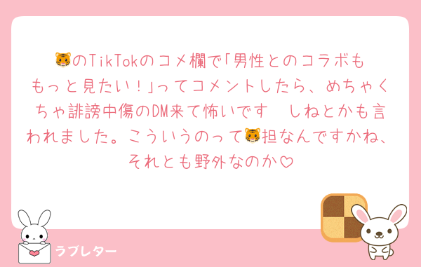 🐯のTikTokのコメ欄で｢男性とのコラボももっと見たい！｣ってコメントしたら、めちゃくちゃ誹謗中傷のDM来て怖いです🥹しねとかも言われました。こういうのって🐯担なんですかね、それとも野外なのか