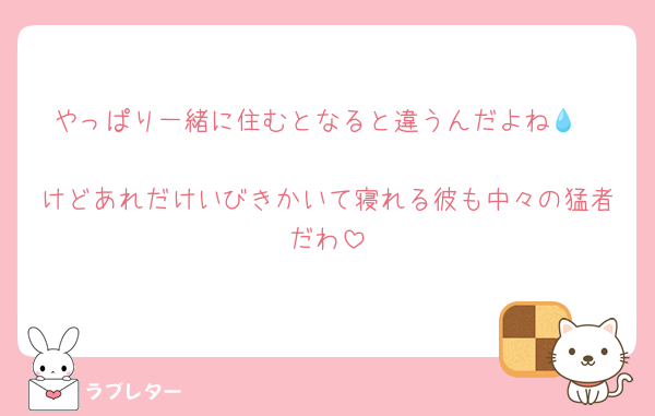 やっぱり一緒に住むとなると違うんだよね💧

けどあれだけいびきかいて寝れる彼も中々の猛者だわ