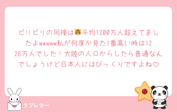 ビリビリの同接は🐯平均1200万人超えてましたよwwwww私が何度か見た1番高い時は1226万人でした！大陸の人口からしたら普通なんでしょうけど日本人にはびっくりですよね