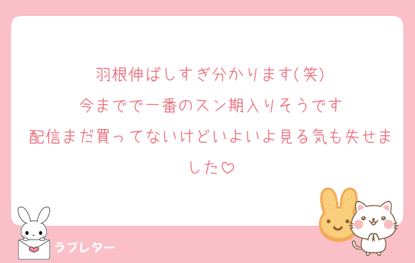 羽根伸ばしすぎ分かります(笑)
今までで一番のスン期入りそうです
配信まだ買ってないけどいよいよ見る気も失せました
