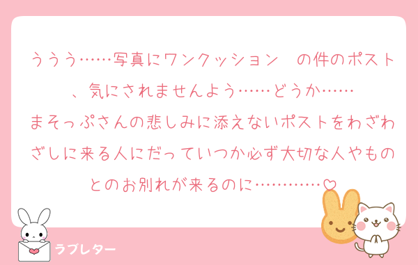 ううう……写真にワンクッション〜の件のポスト、気にされませんよう……どうか……
まそっぷさんの悲しみに添えないポストをわざわざしに来る人にだっていつか必ず大切な人やものとのお別れが来るのに…………