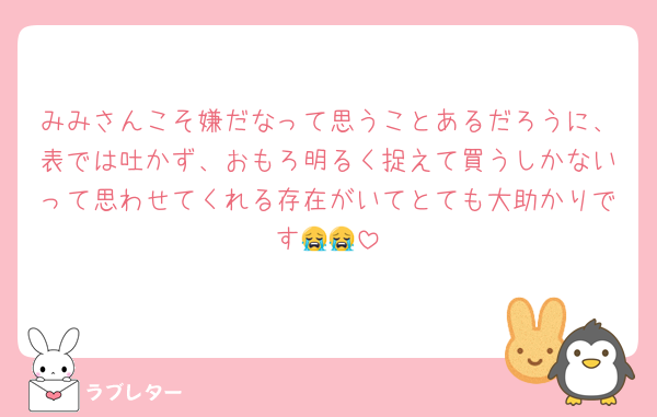 みみさんこそ嫌だなって思うことあるだろうに、表では吐かず、おもろ明るく捉えて買うしかないって思わせてくれる存在がいてとても大助かりです😭😭