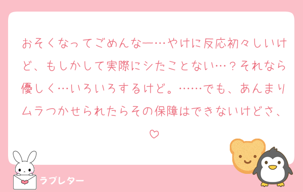 おそくなってごめんなー…やけに反応初々しいけど、もしかして実際にシたことない…？それなら優しく…いろいろするけど。……でも、あんまりムラつかせられたらその保障はできないけどさ、