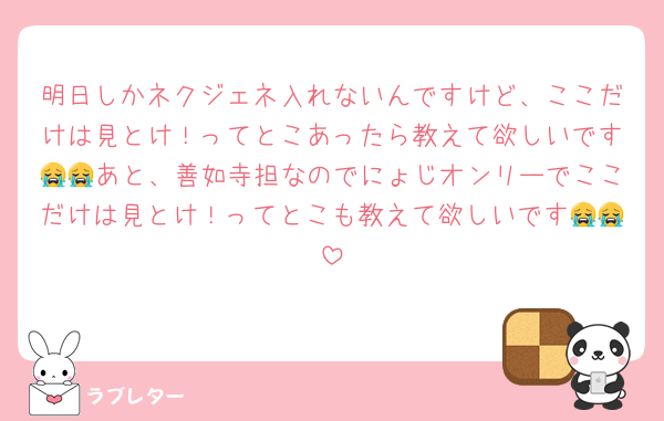 明日しかネクジェネ入れないんですけど、ここだけは見とけ！ってとこあったら教えて欲しいです😭😭あと、善如寺担なのでにょじオンリーでここだけは見とけ！ってとこも教えて欲しいです😭😭