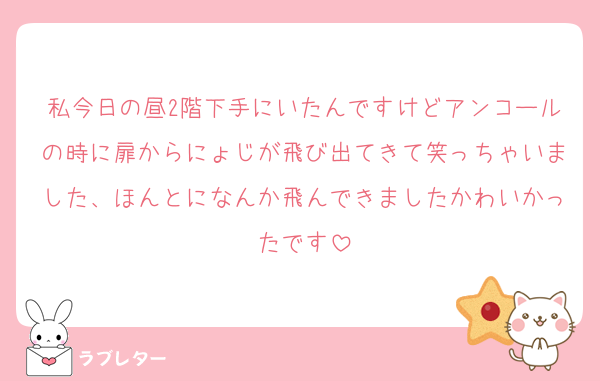 私今日の昼2階下手にいたんですけどアンコールの時に扉からにょじが飛び出てきて笑っちゃいました、ほんとになんか飛んできましたかわいかったです