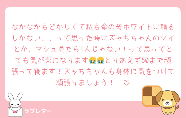 なかなかもどかしくて私も命の母ホワイトに頼るしかない、、って思った時にズャちちゃんのツイとか、マシュ見たら1人じゃない！って思ってとても気が楽になります😭😭とりあえず50まで頑張って寝ます！ズャちちゃんも身体に気をつけて頑張りましょう！！