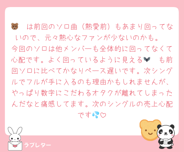 🦓🐻は前回のソロ曲（熱愛前）もあまり回ってないので、元々熱心なファンが少ないのかも。
今回のソロは他メンバーも全体的に回ってなくて心配です。よく回っているように見える🦔🦇も前回ソロに比べてかなりペース遅いです。次シングルでフルが手に入るのも理由かもしれませんが、やっぱり数字にこだわるオタクが離れてしまったんだなと痛感してます。次のシングルの売上心配です💦