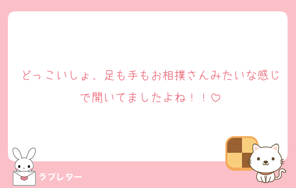 どっこいしょ、足も手もお相撲さんみたいな感じで開いてましたよね！！