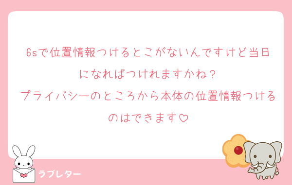 6sで位置情報つけるとこがないんですけど当日になればつけれますかね？
プライバシーのところから本体の位置情報つけるのはできます
