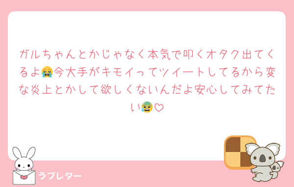 ガルちゃんとかじゃなく本気で叩くオタク出てくるよ😭今大手がキモイってツイートしてるから変な炎上とかして欲しくないんだよ安心してみてたい😰