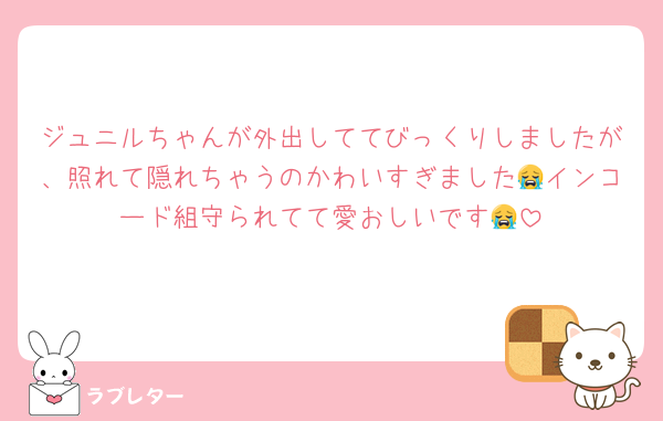 ジュニルちゃんが外出しててびっくりしましたが、照れて隠れちゃうのかわいすぎました😭インコード組守られてて愛おしいです😭