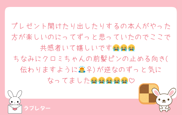 プレゼント開けたり出したりするの本人がやった方が楽しいのにってずっと思っていたのでここで共感者いて嬉しいです😭😭😭
ちなみにクロミちゃんの前髪ピンの止める向き(伝わりますように🙇‍♀️)が逆なのずっと気になってました😭😭😭😭😭
