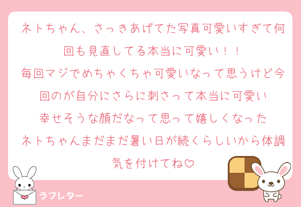 ネトちゃん、さっきあげてた写真可愛いすぎて何回も見直してる本当に可愛い！！
毎回マジでめちゃくちゃ可愛いなって思うけど今回のが自分にさらに刺さって本当に可愛い
幸せそうな顔だなって思って嬉しくなった
ネトちゃんまだまだ暑い日が続くらしいから体調気を付けてね