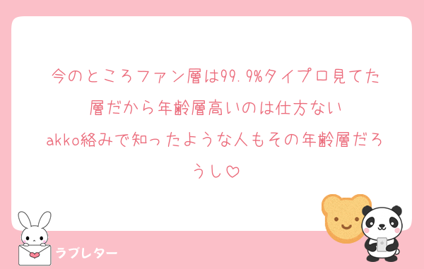 今のところファン層は99.9%タイプロ見てた層だから年齢層高いのは仕方ない
akko絡みで知ったような人もその年齢層だろうし