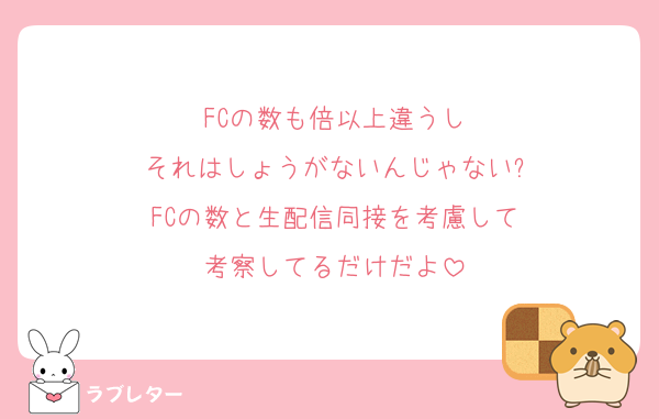 FCの数も倍以上違うし
それはしょうがないんじゃない?
FCの数と生配信同接を考慮して
考察してるだけだよ