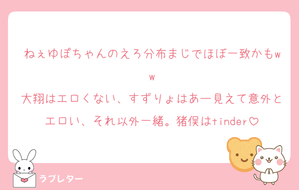 ねぇゆぽちゃんのえろ分布まじでほぼ一致かもww
大翔はエロくない、すずりょはあー見えて意外とエロい、それ以外一緒。猪俣はtinder