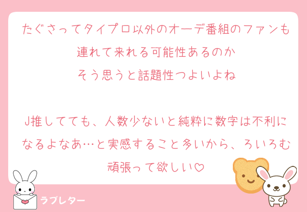 たぐさってタイプロ以外のオーデ番組のファンも連れて来れる可能性あるのか
そう思うと話題性つよいよね

J推してても、人数少ないと純粋に数字は不利になるよなあ…と実感すること多いから、ろいろむ頑張って欲しい