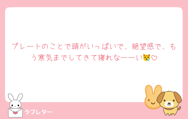 プレートのことで頭がいっぱいで、絶望感で、もう寒気までしてきて寝れなーーい😿