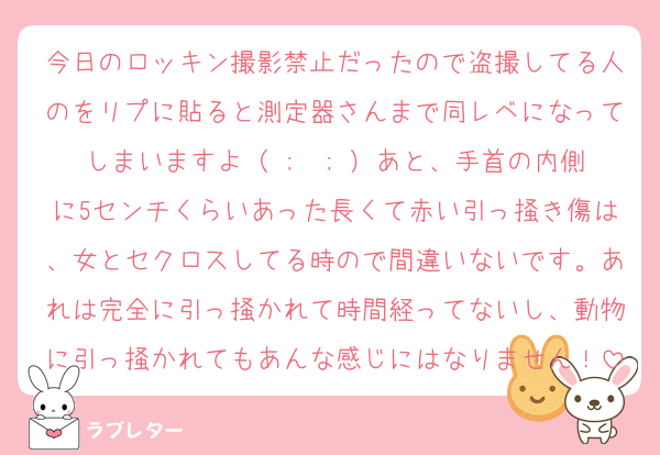 今日のロッキン撮影禁止だったので盗撮してる人のをリプに貼ると測定器さんまで同レベになってしまいますよ（ ;  ; ）あと、手首の内側に5センチくらいあった長くて赤い引っ掻き傷は、女とセクロスしてる時ので間違いないです。あれは完全に引っ掻かれて時間経ってないし、動物に引っ掻かれてもあんな感じにはなりません！