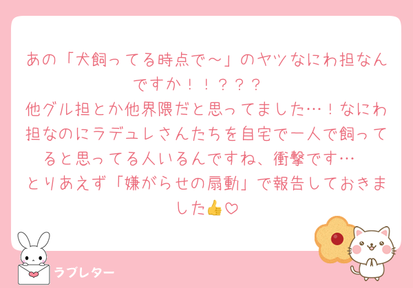 あの「犬飼ってる時点で～」のヤツなにわ担なんですか！！？？？
他グル担とか他界隈だと思ってました…！なにわ担なのにラデュレさんたちを自宅で一人で飼ってると思ってる人いるんですね、衝撃です…
とりあえず「嫌がらせの扇動」で報告しておきました👍