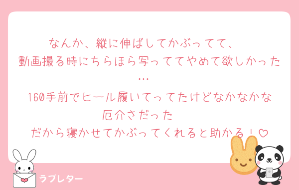 なんか、縦に伸ばしてかぶってて、
動画撮る時にちらほら写っててやめて欲しかった…
160手前でヒール履いてってたけどなかなかな厄介さだった🥺
だから寝かせてかぶってくれると助かる！