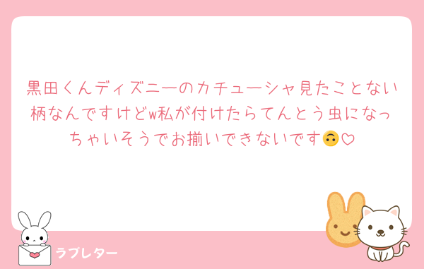 黒田くんディズニーのカチューシャ見たことない柄なんですけどw私が付けたらてんとう虫になっちゃいそうでお揃いできないです🙃