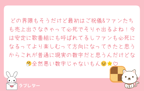 どの界隈もそうだけど最初はご祝儀&ファンたちも売上出さなきゃって必死でそりゃ出るよね！今は安定に歌番組にも呼ばれてるしファンも必死になるってより楽しむって方向になってきたと思うからこれが普通に現実の数字だと思うんだけどな🤔全然悪い数字じゃないもん😌🌟