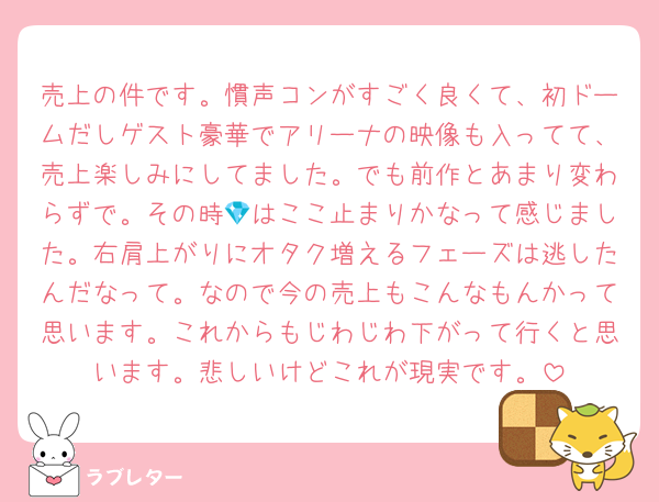 売上の件です。慣声コンがすごく良くて、初ドームだしゲスト豪華でアリーナの映像も入ってて、売上楽しみにしてました。でも前作とあまり変わらずで。その時💎はここ止まりかなって感じました。右肩上がりにオタク増えるフェーズは逃したんだなって。なので今の売上もこんなもんかって思います。これからもじわじわ下がって行くと思います。悲しいけどこれが現実です。