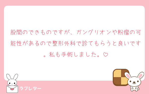 股間のできものですが、ガングリオンや粉瘤の可能性があるので整形外科で診てもらうと良いです。私も手術しました。