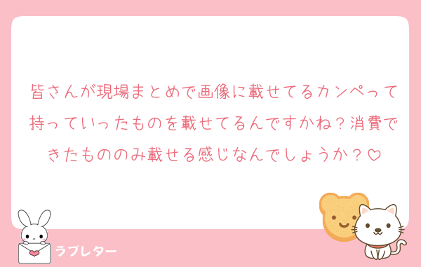 皆さんが現場まとめで画像に載せてるカンペって持っていったものを載せてるんですかね？消費できたもののみ載せる感じなんでしょうか？
