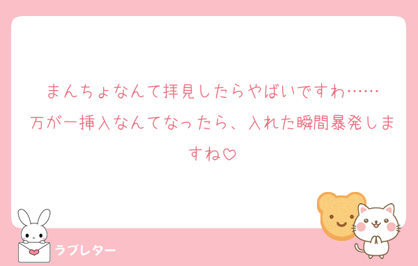 まんちょなんて拝見したらやばいですわ……
万が一挿入なんてなったら、入れた瞬間暴発しますね