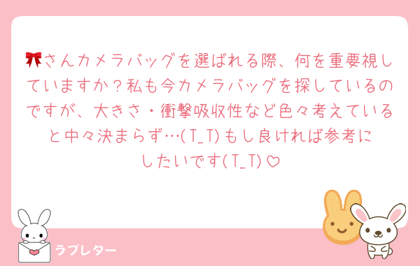 🎀さんカメラバッグを選ばれる際、何を重要視していますか？私も今カメラバッグを探しているのですが、大きさ・衝撃吸収性など色々考えていると中々決まらず…(T_T)もし良ければ参考にしたいです(T_T)