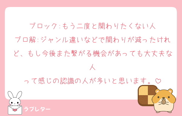 ブロック:もう二度と関わりたくない人
ブロ解:ジャンル違いなどで関わりが減ったけれど、もし今後また繋がる機会があっても大丈夫な人
って感じの認識の人が多いと思います。