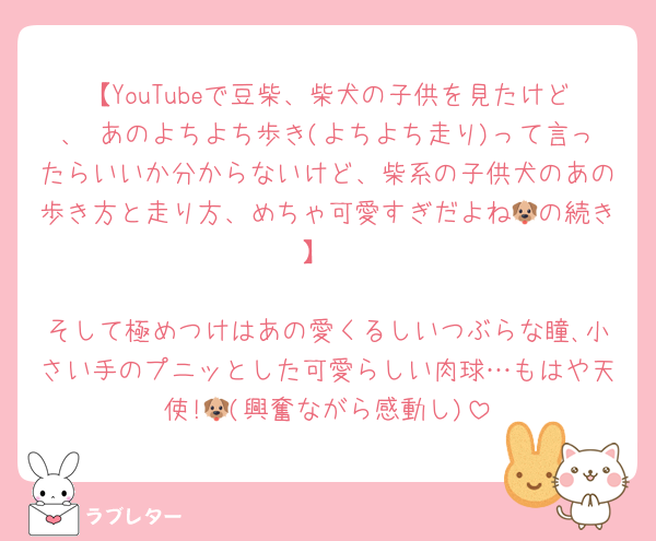 【YouTubeで豆柴、柴犬の子供を見たけど、 あのよちよち歩き(よちよち走り)って言ったらいいか分からないけど、柴系の子供犬のあの歩き方と走り方、めちゃ可愛すぎだよね🐶の続き】

そして極めつけはあの愛くるしいつぶらな瞳､小さい手のプニッとした可愛らしい肉球…もはや天使!🐶(興奮ながら感動し)