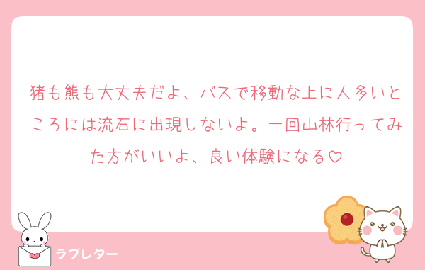 猪も熊も大丈夫だよ、バスで移動な上に人多いところには流石に出現しないよ。一回山林行ってみた方がいいよ、良い体験になる