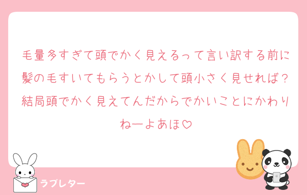毛量多すぎて頭でかく見えるって言い訳する前に髪の毛すいてもらうとかして頭小さく見せれば？結局頭でかく見えてんだからでかいことにかわりねーよあほ