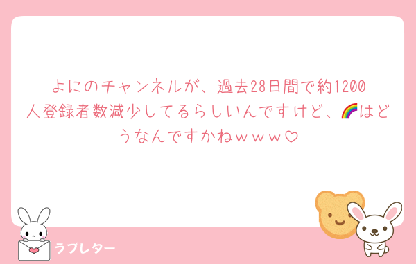 よにのチャンネルが、過去28日間で約1200人登録者数減少してるらしいんですけど、🌈はどうなんですかねｗｗｗ