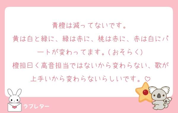青橙は減ってないです。
黄は白と緑に、緑は赤に、桃は赤に、赤は白にパートが変わってます。(おそらく)
橙担曰く高音担当ではないから変わらない、歌が上手いから変わらないらしいです。