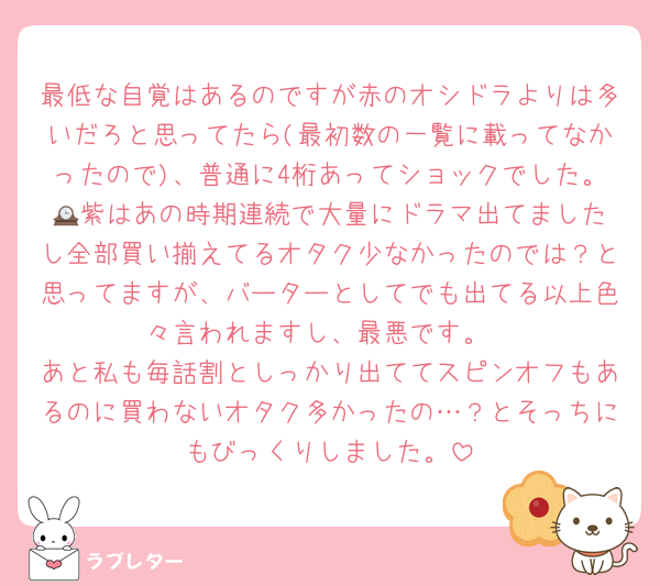 最低な自覚はあるのですが赤のオシドラよりは多いだろと思ってたら(最初数の一覧に載ってなかったので)、普通に4桁あってショックでした。🕰️紫はあの時期連続で大量にドラマ出てましたし全部買い揃えてるオタク少なかったのでは？と思ってますが、バーターとしてでも出てる以上色々言われますし、最悪です。
あと私も毎話割としっかり出ててスピンオフもあるのに買わないオタク多かったの…？とそっちにもびっくりしました。