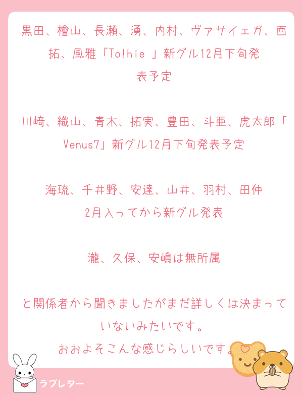 黒田、檜山、長瀬、湧、内村、ヴァサイェガ、西拓、風雅「To!hie 」新グル12月下旬発表予定

川﨑、織山、青木、拓実、豊田、斗亜、虎太郎「Venus7」新グル12月下旬発表予定

海琉、千井野、安達、山井、羽村、田仲
2月入ってから新グル発表

瀧、久保、安嶋は無所属

と関係者から聞きましたがまだ詳しくは決まっていないみたいです。
おおよそこんな感じらしいです。